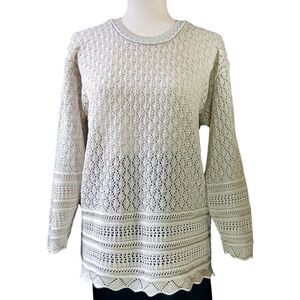 VINTAGE Open Knit Sweater Scalloped Edges Lacey Cotton Silvered Ivory Size L